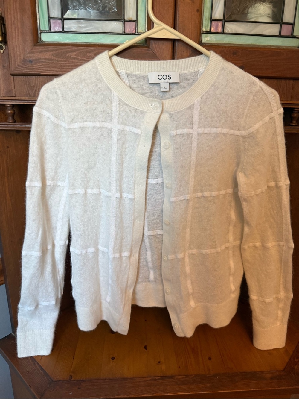 COS Cream Button-Front Crewneck Wool Blend Cardigan